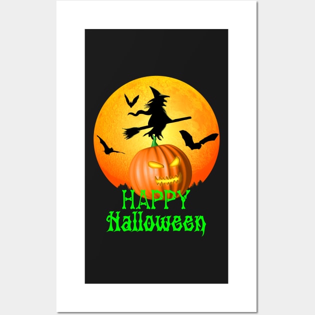 Flying Witch Jack O Lantern Happy Halloween Wall Art by Packrat